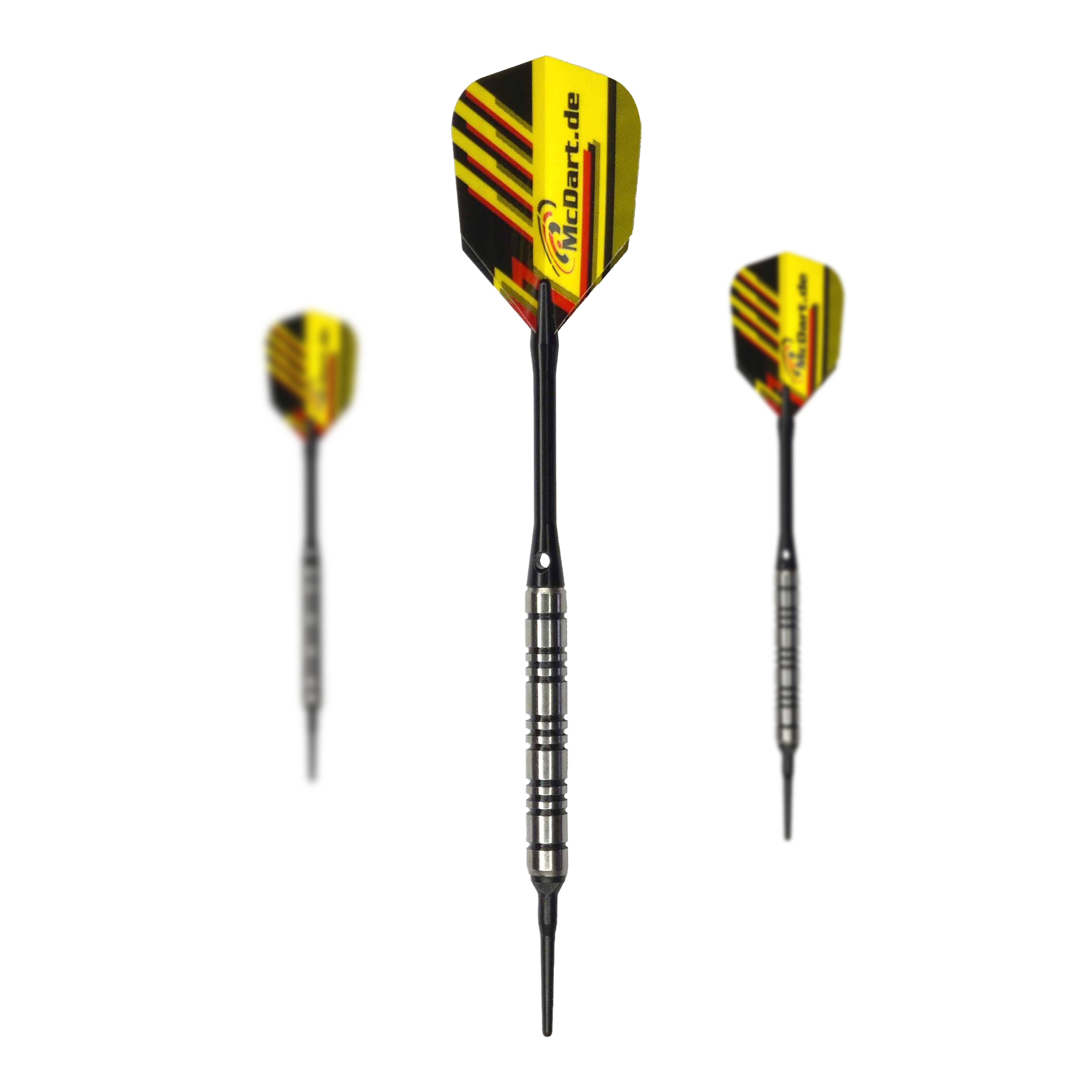 Dardos blandos McDart 85 Tungsten V2 - 17 g Das Bild zeigt drei Softdarts des Modells "McDart 85er Tungsten V2" mit 17g Gewicht. Die Darts haben gelb-schwarze Flights mit roten Akzenten und einen silbernen Griffbereich.
