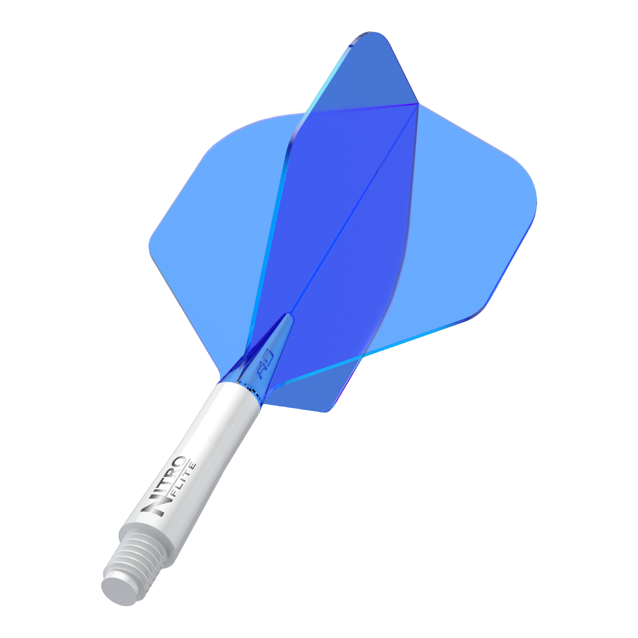 Red Dragon Nitroflite - Eje blanco, vuelos azules nº 2 Das Bild zeigt einen blauen Dartflight mit einem weißen Schaft. Auf dem Schaft steht der Schriftzug "NITRO FLITE".