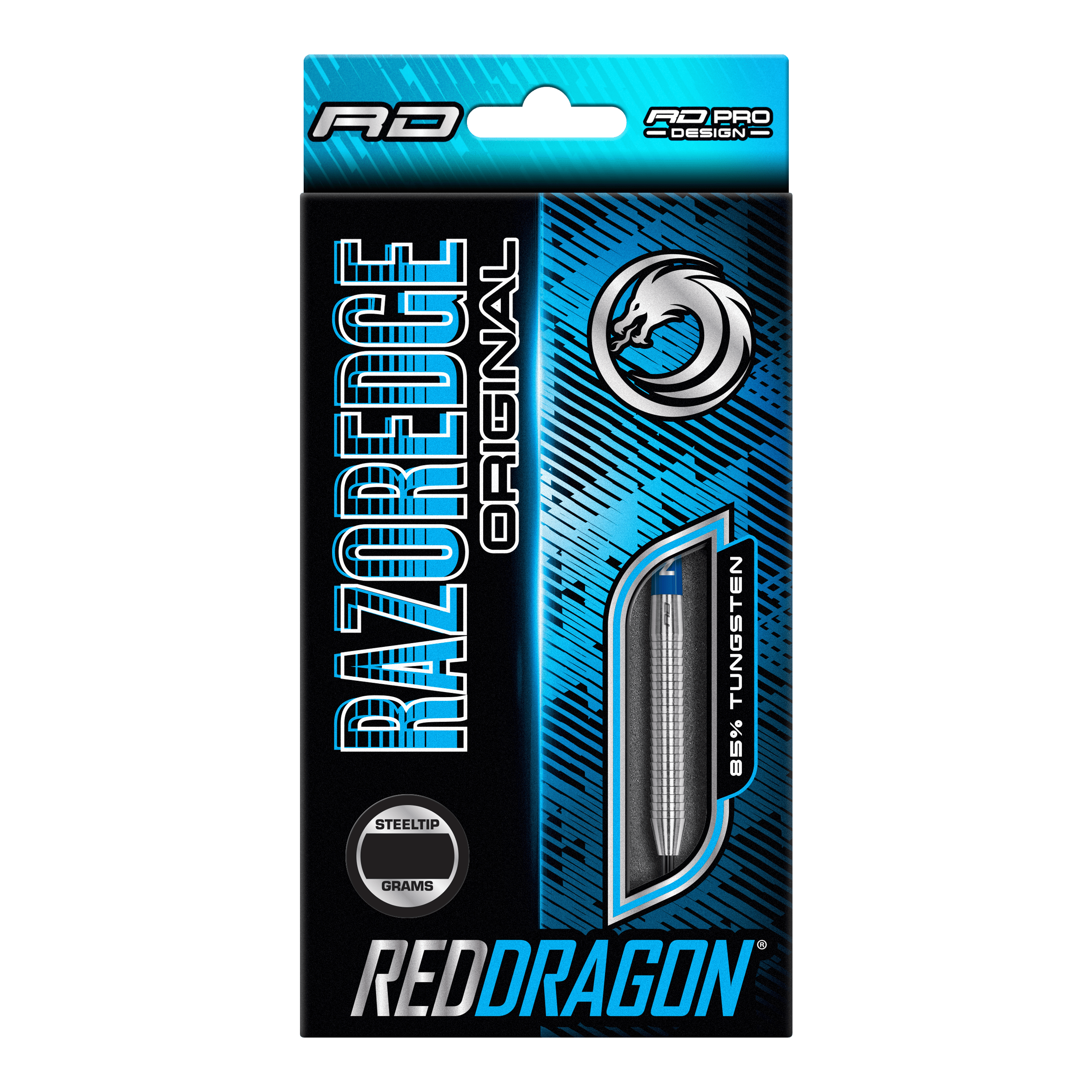 Dardos de acero originales Red Dragon Razor Edge Die Verpackung zeigt die "Red Dragon Razor Edge Original Steeldarts" mit einem Gewicht von 24 Gramm. Das Design ist blau-schwarz und hebt hervor, dass die Darts aus 95 % Tungsten bestehen.