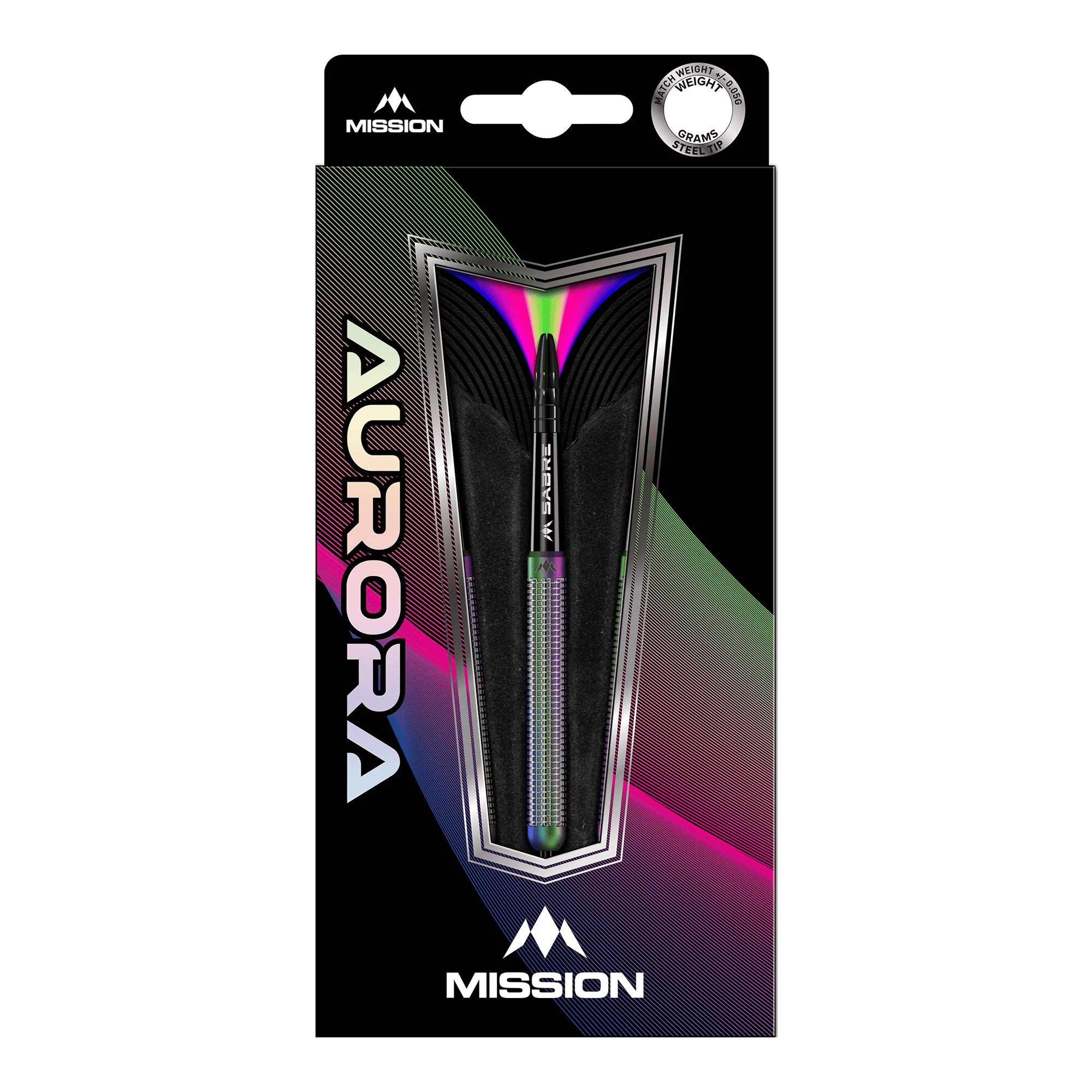 Die Abbildung zeigt die Mission Aurora Coral PVD Steeldarts mit einem Gewicht von 23g in ihrer Verpackung. Das Design der Verpackung ist modern und farbenfroh, mit auffälligen Regenbogen-Effekten.