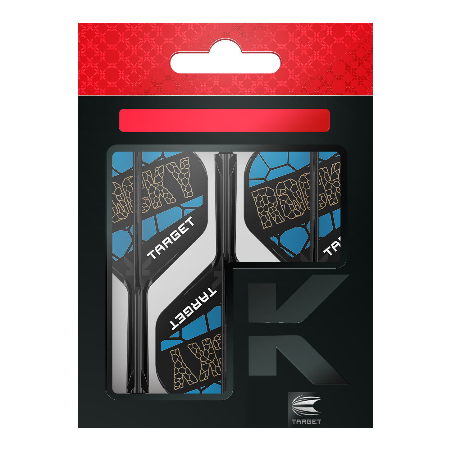 Sistema de varilla de vuelo estándar Target K-Flex Josh Rock No2 Das Bild zeigt das Produkt "Target K-Flex Josh Rock No2 Standard Flight-Shaft-System" in seiner Verpackung. Die Flights sind schwarz, blau und weiß gestaltet und tragen den Schriftzug "ROCKY" sowie "TARGET".