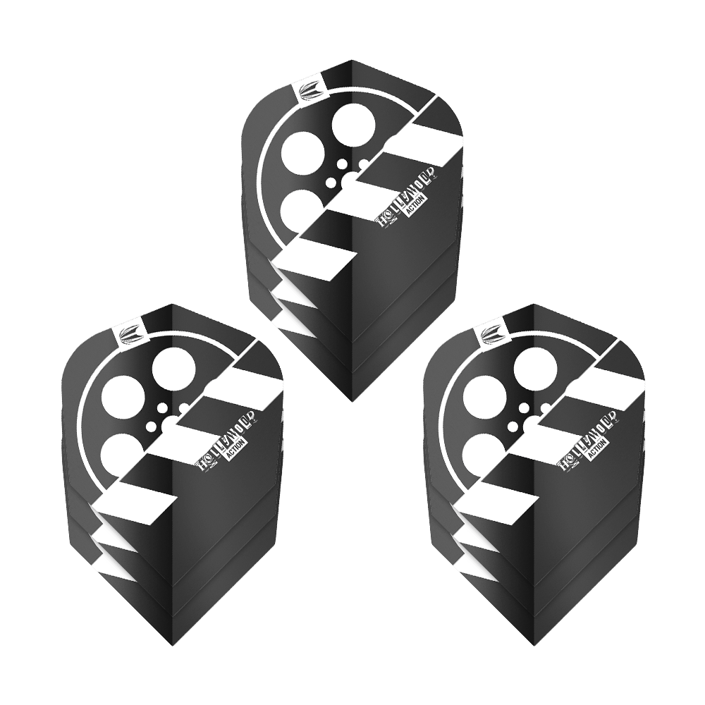 Target Pro Ultra Chris Dobey Hollywood Action No6 Flights - 3 juegos Das Bild zeigt drei Sets von schwarzen Dartflights mit einem Filmrollen-Design. Auf den Flights steht „HOLLYWOOD ACTION“ und sie gehören zum Produkt „Target Pro Ultra Chris Dobey Hollywood Action No6“.
