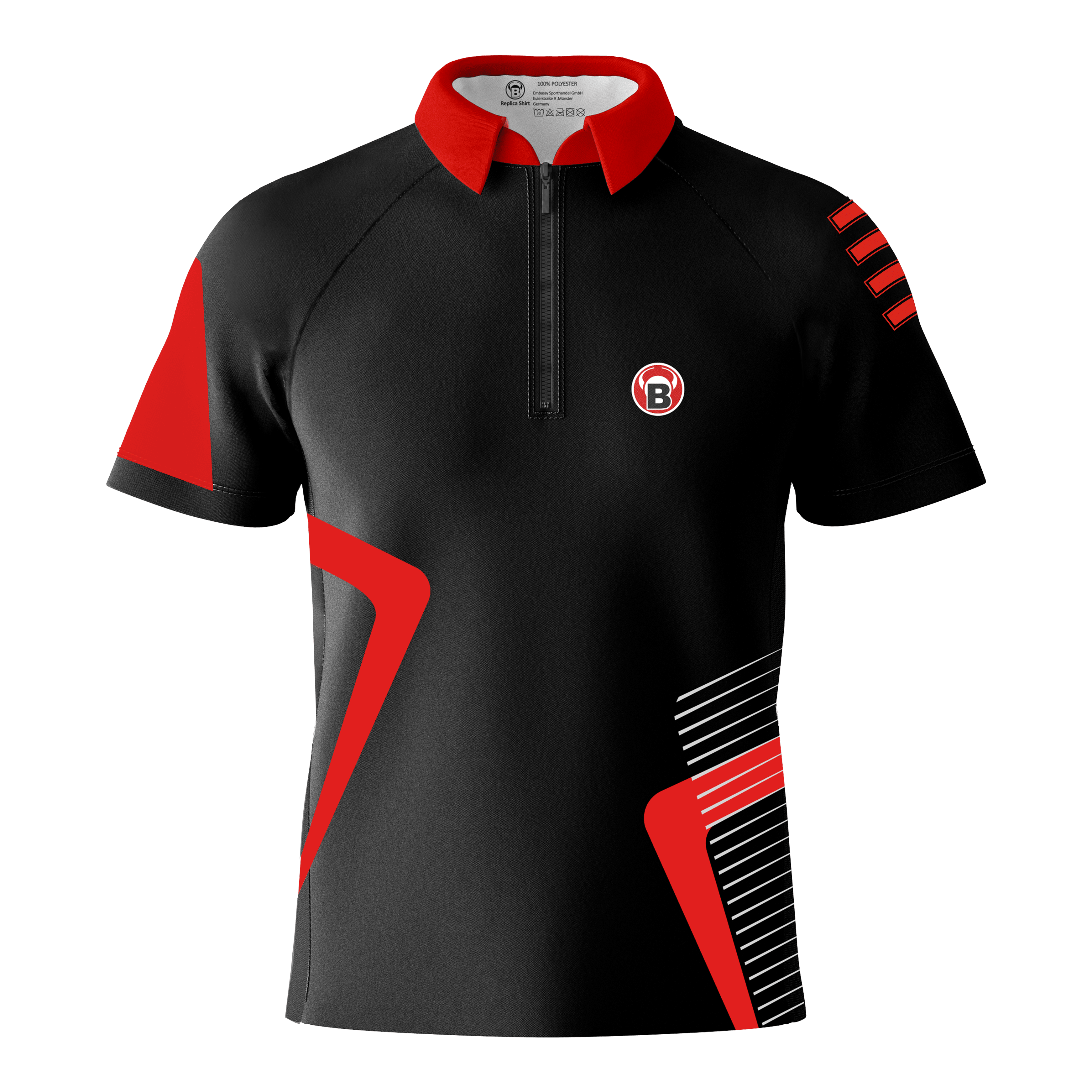 Camiseta de dardos del equipo Bulls - Roja Das Bild zeigt ein schwarzes Dartshirt mit roten und weißen Akzenten. Auf der linken Brust befindet sich ein rundes Logo mit einem "B".