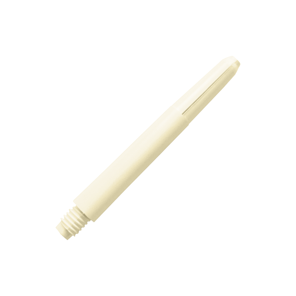 577_Nylon_Shafts_Naturweiss_40mm_2 Das Bild zeigt einen Nylon-Schaft in der Farbe Naturweiß. Der Schaft ist zylindrisch und hat ein Gewinde an einem Ende.