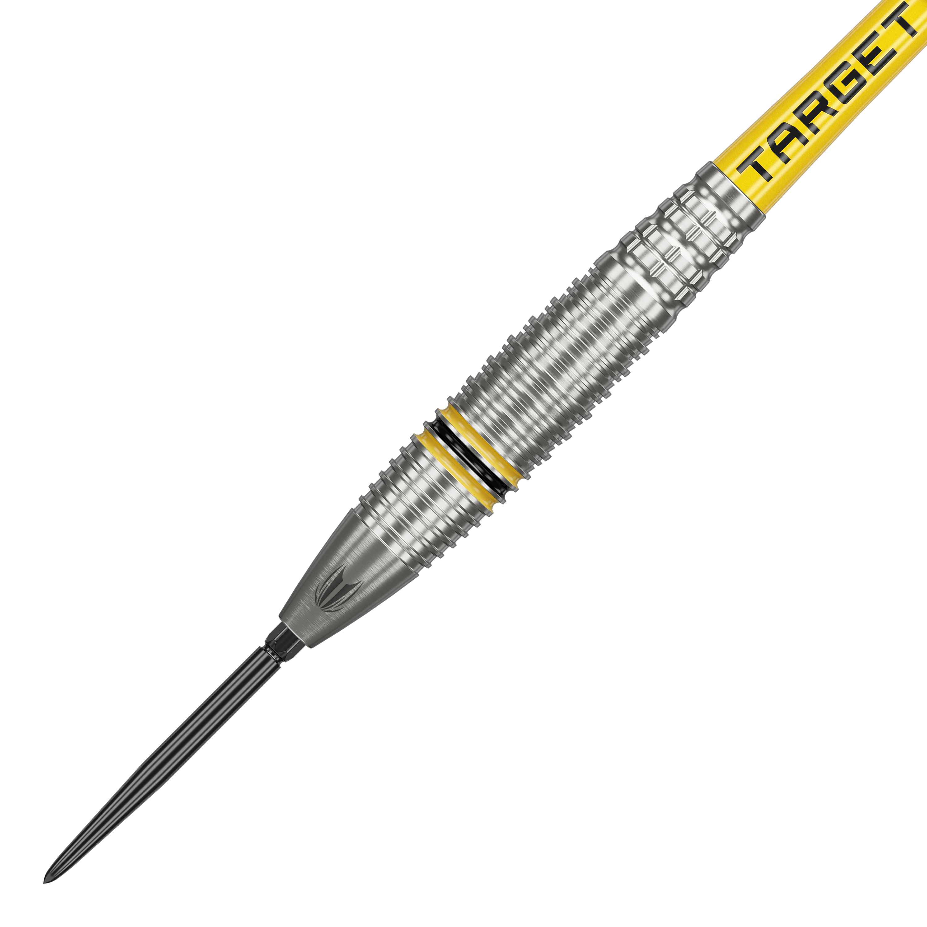 Dardos de acero Target Scott Williams GEN2 Swiss Point Das Bild zeigt einen Target Scott Williams GEN2 Swiss Point Steeldart. Der Dart ist silberfarben mit gelben und schwarzen Akzenten sowie der Aufschrift "TARGET" auf dem Schaft.