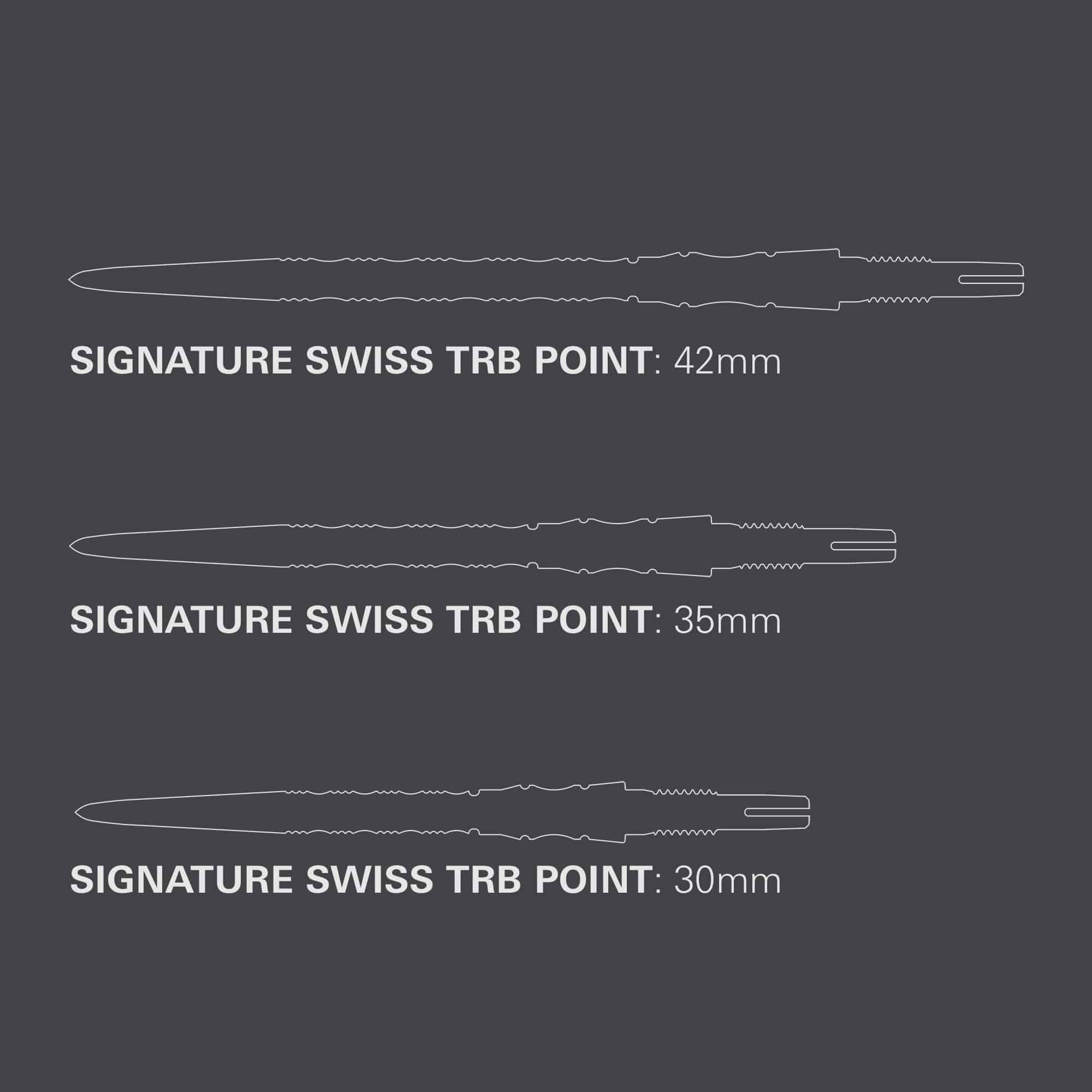 Puntas de dardo de acero Target Signature Swiss Point TRB - plateadas Das Foto zeigt die Target Signature Swiss Point TRB Steeldartspitzen in der Farbe Silber. Sie sind ideal für den professionellen Einsatz im Dartsport.