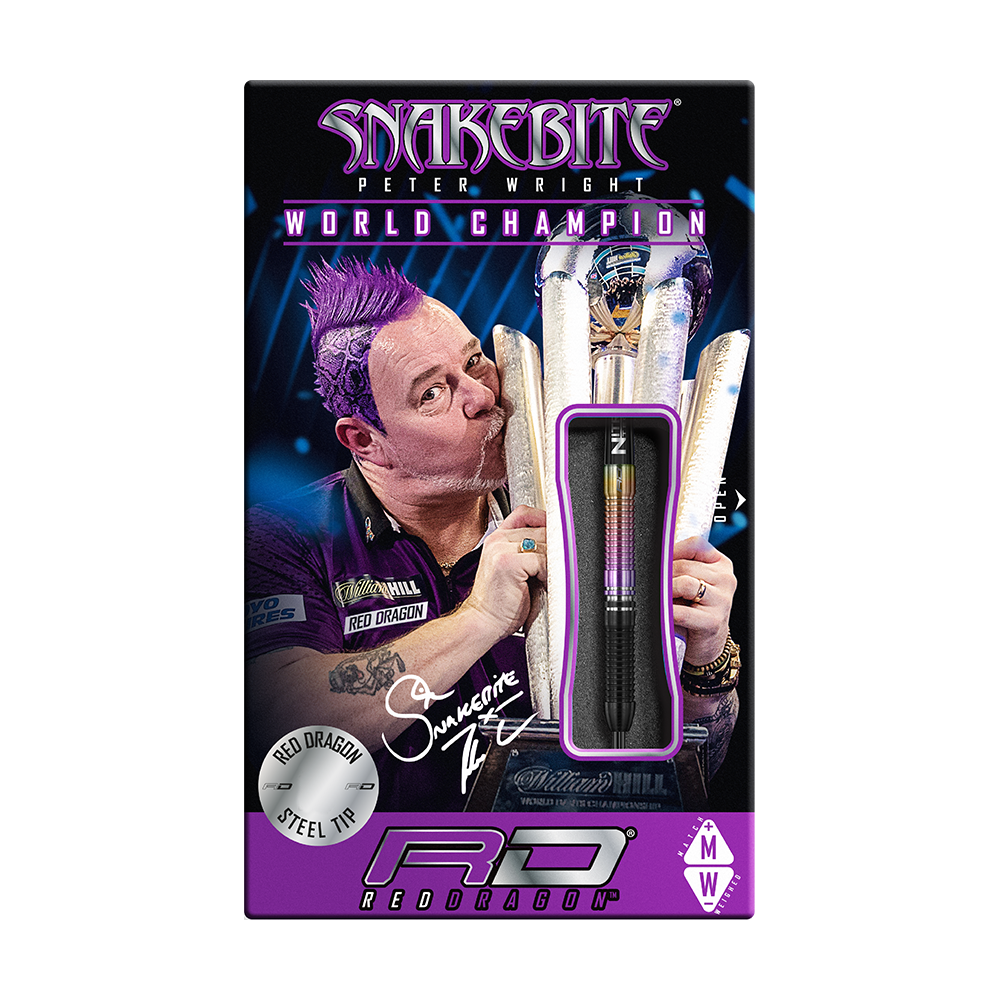RD2173_Red_Dragon_Peter-Wright_Snakebite_World_Champion_2020_Edition_Steeldarts_3_NEU Auf der Verpackung sind die "Red Dragon Peter Wright Snakebite World Champion 2020 Edition Steeldarts" abgebildet. Das Design zeigt Peter Wright mit Pokal und den enthaltenen Dartpfeilen im Vordergrund.