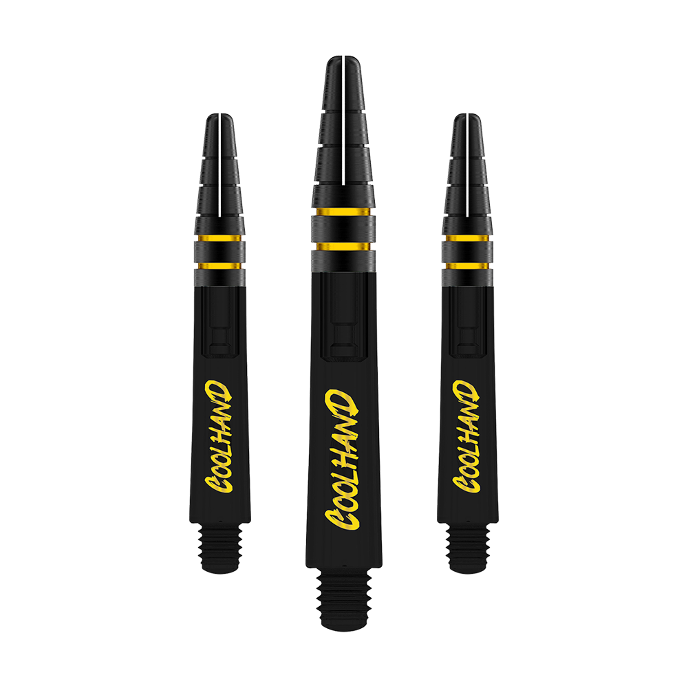 Flechas Red Dragon Nitrotech Luke Humphries Coolhand - Negras Auf dem Bild sind drei schwarze Dartschäfte mit gelber Aufschrift "COOLHAND" zu sehen. Die Schäfte haben goldene Akzente und sind 36 mm lang.