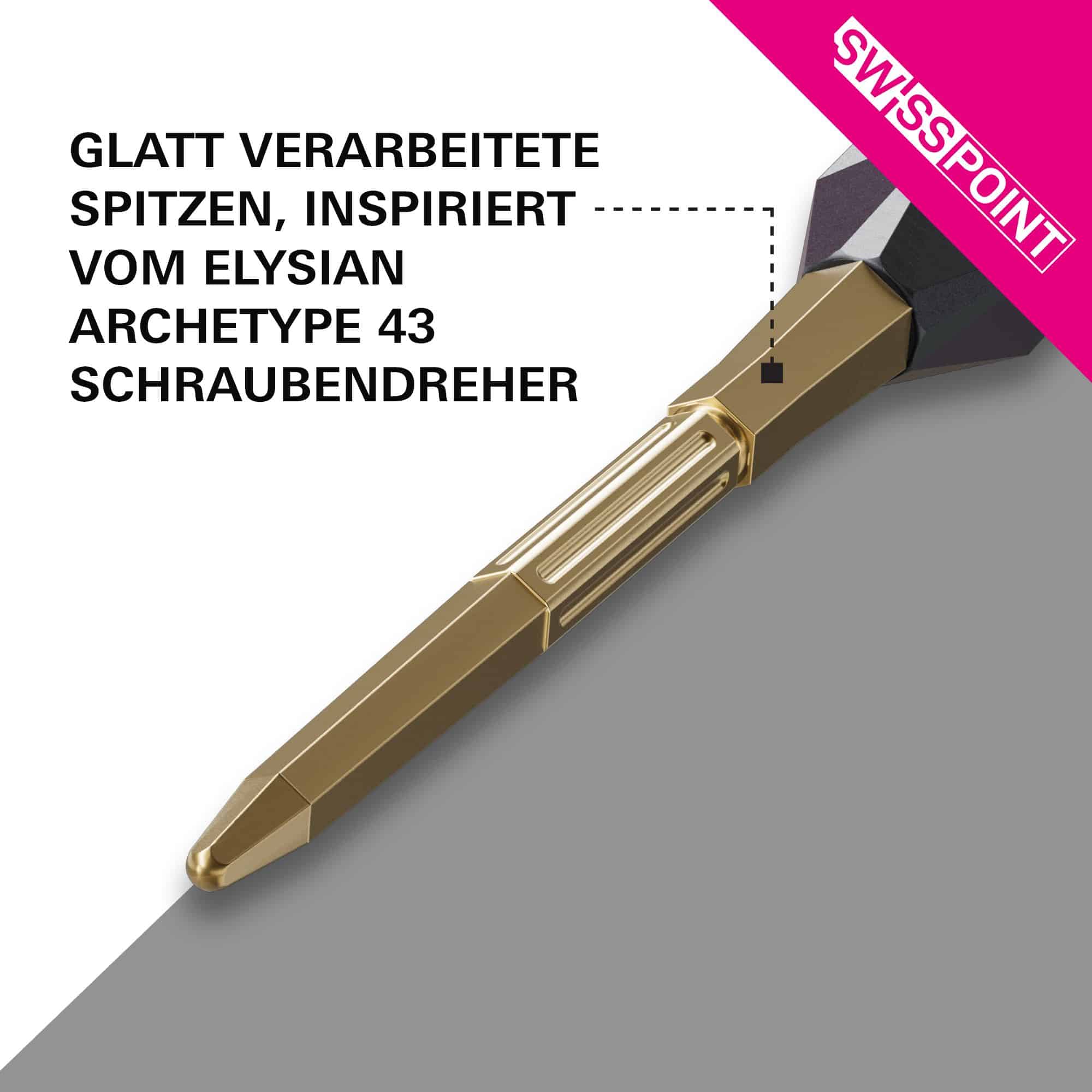 Target Elysian Archetype 43 Swiss Point Steeldartspitzen in Gold werden abgebildet. Sie sind hochwertige Dartspitzen für professionelle Dartspieler.