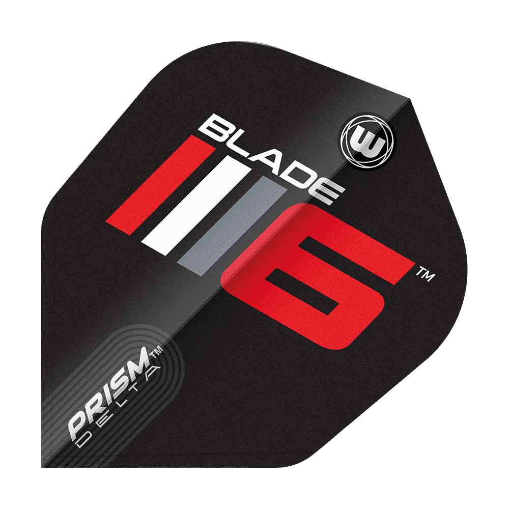 Winmau Prism Delta Blade 6 No6 Vuelos Das Bild zeigt ein Dartflight mit dem Aufdruck "Blade 6" in auffälligen Farben. Unten links steht "Prism Delta" und das Design ist modern und sportlich.