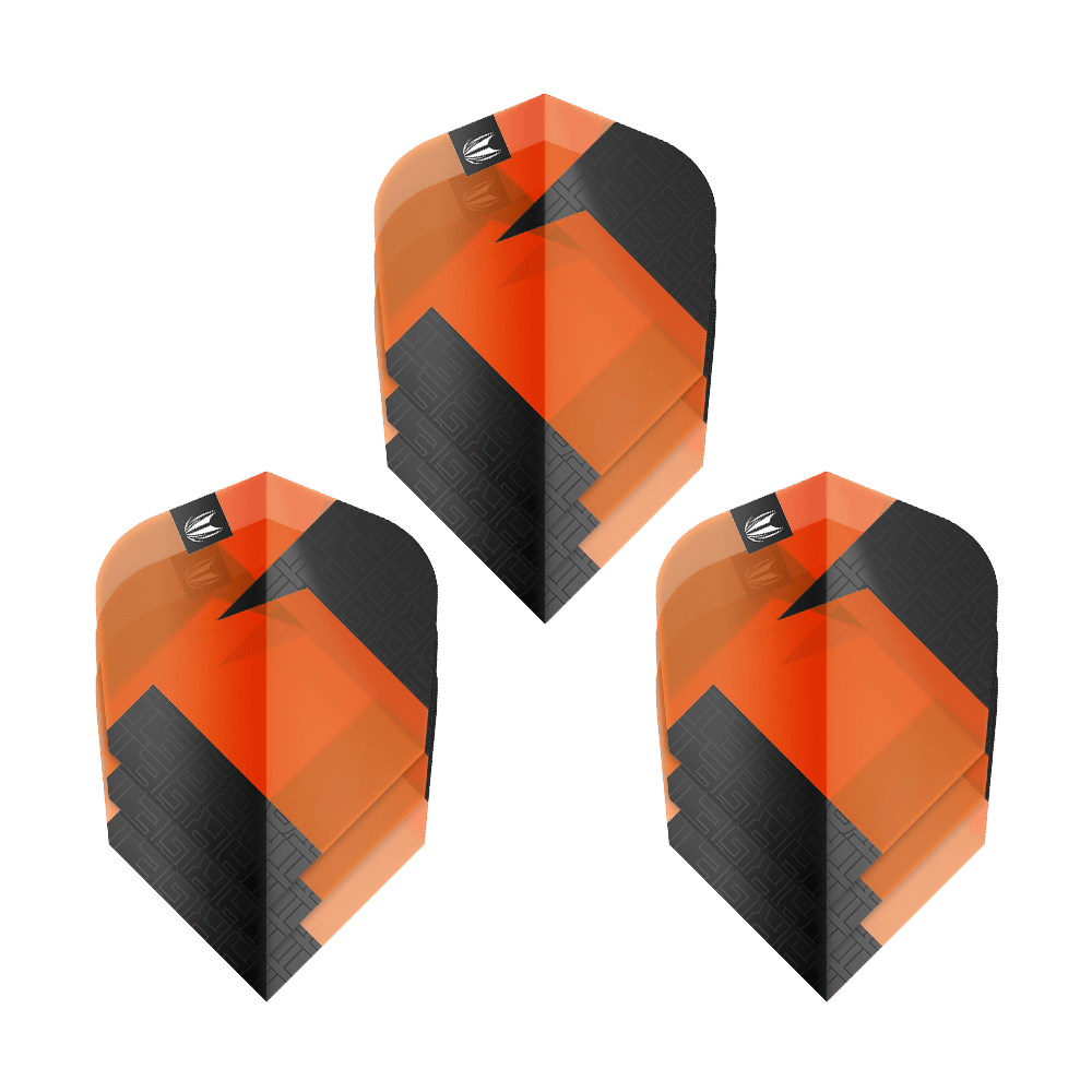 Vuelos estándar Target Pro Ultra TAG Orange Ten-X - 3 juegos Das Bild zeigt drei Sets von Target Pro Ultra TAG Orange Ten-X Standard Flights. Die Flights sind orange und schwarz gestaltet und haben ein modernes, geometrisches Muster.