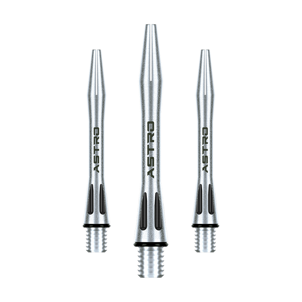 Das Bild zeigt drei silberne Winmau Astro Aluminium Shafts mit schwarzem Akzent. Auf jedem Shaft steht das Wort "ASTRO" geschrieben.