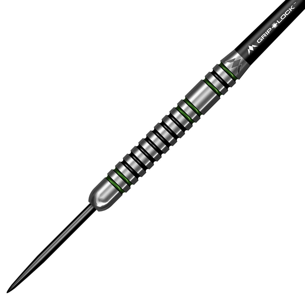 M001006_Mission_Martin_Lukeman_Smash_Steeldarts_2 Das Bild zeigt einen Mission Martin Lukeman Smash Steeldart mit einem Gewicht von 23 Gramm. Der Dartpfeil besitzt ein silbernes Design mit schwarzen und grünen Akzenten.