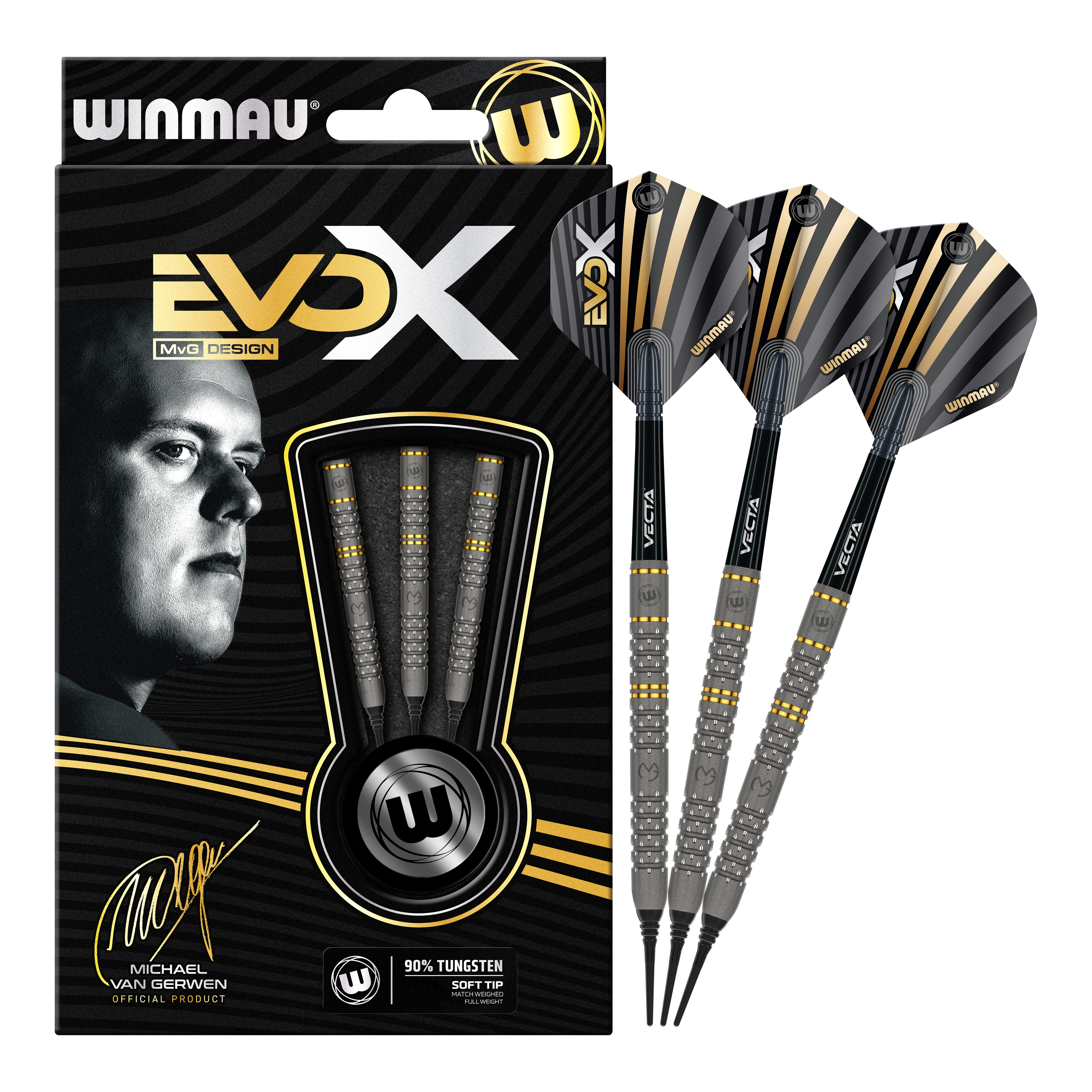 Das Bild zeigt das Produkt "Winmau Michael Van Gerwen Evo-X Softdarts - 20g" in seiner Verpackung. Neben der Verpackung sind drei zusammengebaute Softdarts mit schwarz-goldenem Design zu sehen.
