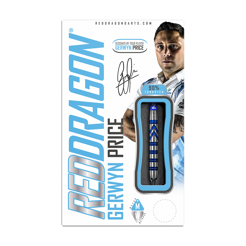RD1922-Red-Dragon-Gerwyn-Price-Iceman-Softdarts-3 Das Bild zeigt die Verpackung der "Red Dragon Gerwyn Price Iceman Softdarts". Auf der Verpackung ist ein Dartpfeil sowie das Bild eines Spielers abgebildet.