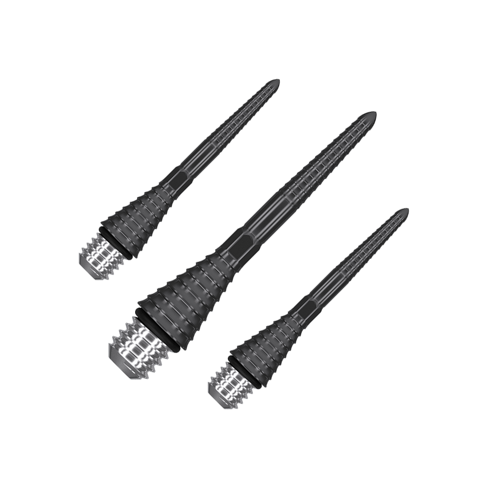 380172_Target_Titanium_Swiss_Point_Grooved_Conversion_Points_Schwarz_26mm_1 Das Bild zeigt drei schwarze, gerillte Swiss Point Conversion Points von Target. Sie sind speziell geformte Spitzen für Dartpfeile.