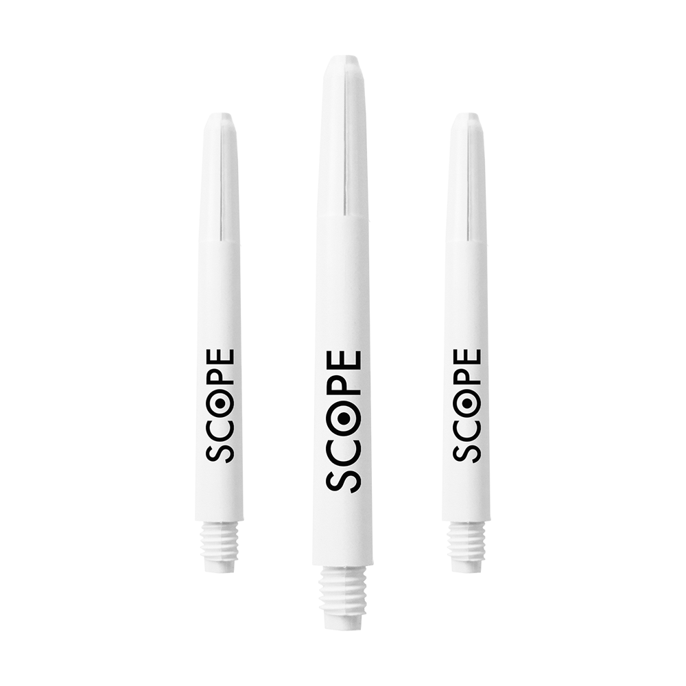 527_McDart_Scope_Nylon_Shafts_Weiss_48mm_1PBwnIwAzV1inH Das Bild zeigt drei weiße McDart Scope Nylon Shafts. Auf jedem Shaft steht das Wort "SCOPE" in schwarzer Schrift.