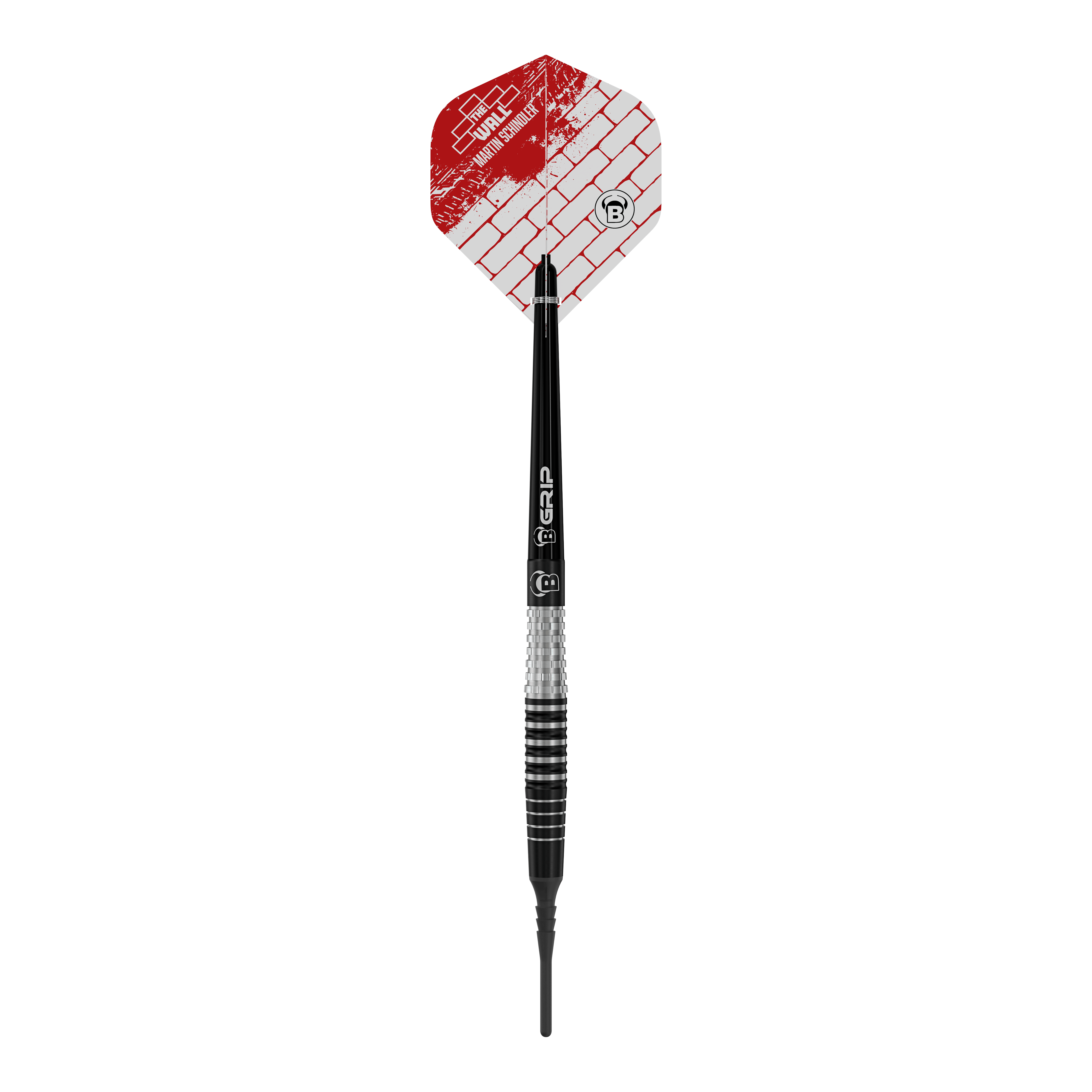 Dardos blandos Bulls Martin Schindler Original Generation 3 Das Bild zeigt einen Bulls Martin Schindler Original Generation 3 Softdart. Der Dart hat eine schwarz-silberne Struktur mit einer roten und weißen Flights mit Ziegelmuster.