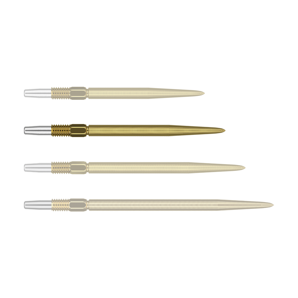 Puntas para dardos Target Swiss Point Nano - Oro Das Bild zeigt vier goldene Dartspitzen mit silbernem Befestigungsende, die nebeneinander liegen. Die Spitzen sind gleich lang und haben eine feine Riffelung entlang der gesamten Länge.