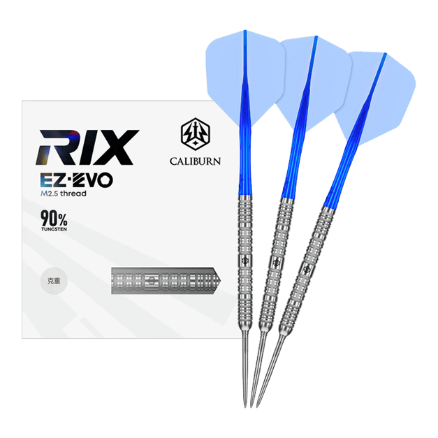 Dardos de acero Caliburn Rix EZ-EVO R1 Das Bild zeigt das vollständige Set der Caliburn Rix EZ-EVO R1 Steeldarts. Es handelt sich um professionelle Steeldarts für ambitionierte Spieler.