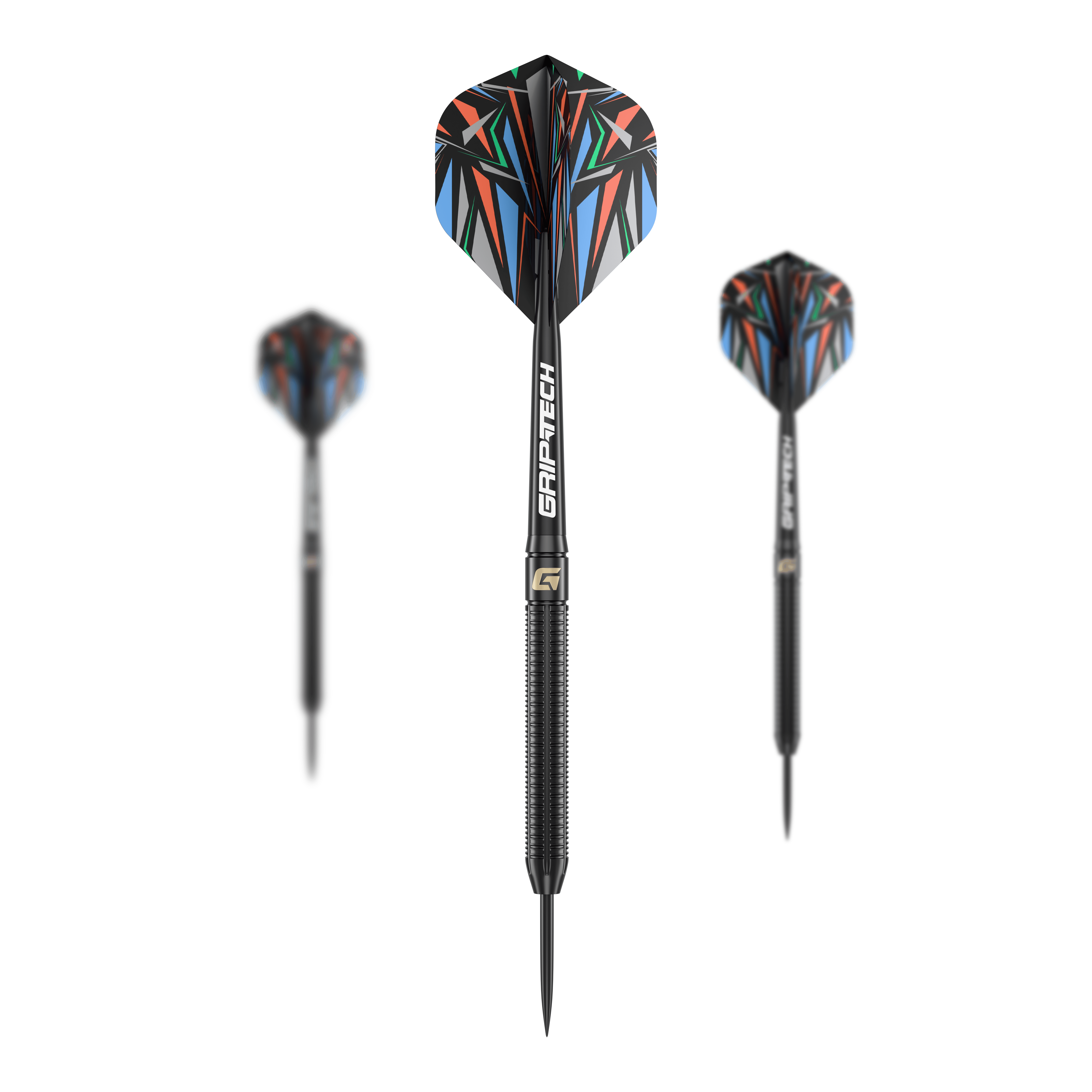Dardos de acero GOAT Athlete de latón negro - 13 g Das Bild zeigt drei schwarze Steeldarts mit farbenfrohen Flights und der Aufschrift "GRIP-TECH". Es handelt sich um das Produkt "GOAT Athlete Black Brass Steeldarts - 13g".