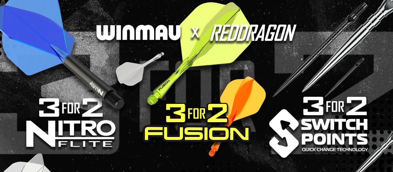 Werbegrafik für eine 3-für-2-Aktion von Winmau Red Dragon. Die Aktion wird auf dem Bild hervorgehoben.