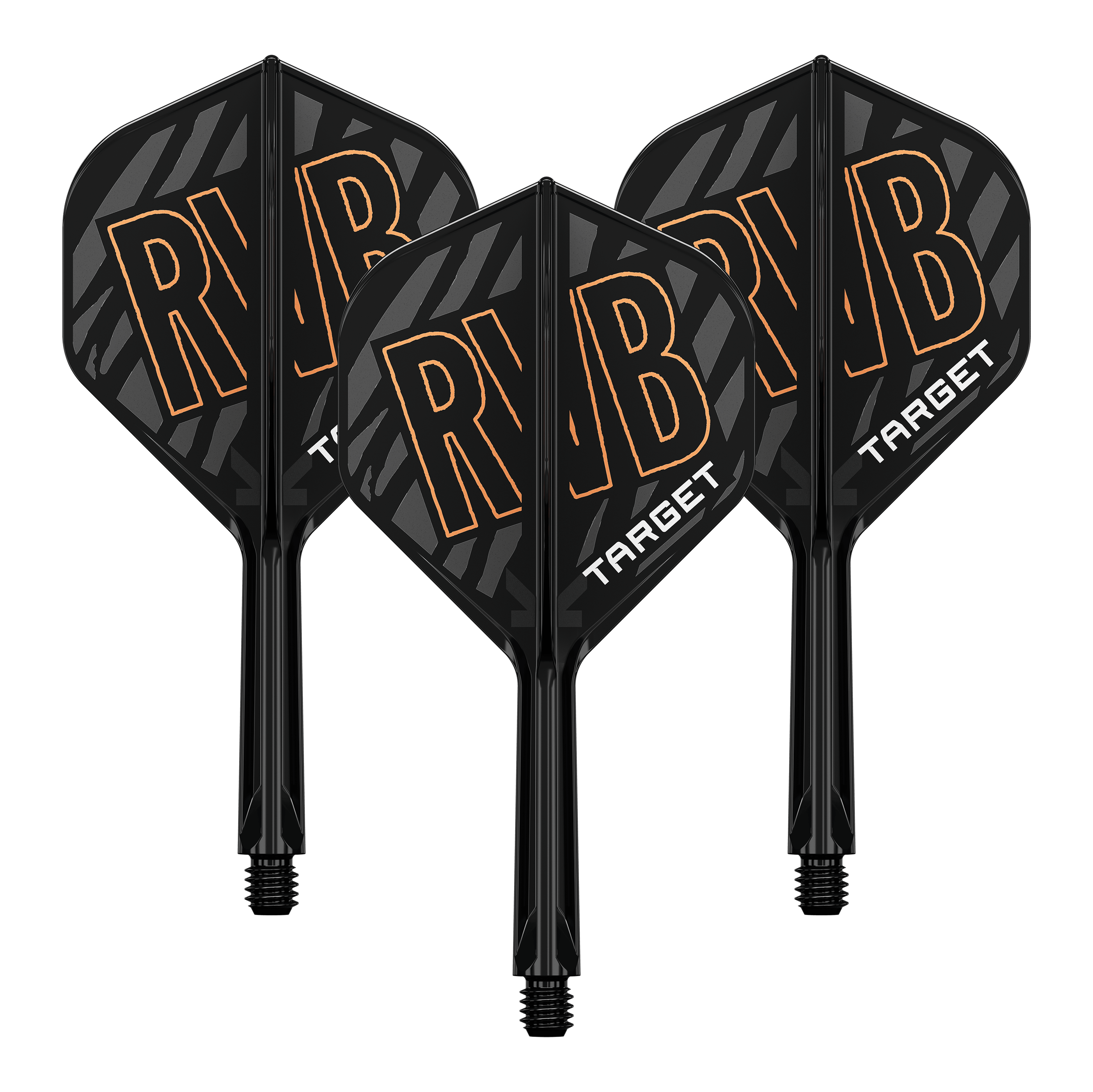 Target K-Flex Raymond Van Barneveld No2 Sistema de eje de vuelo estándar Auf dem Bild sind drei schwarze Dart-Flights mit der Aufschrift "RVB" und "TARGET" zu sehen. Die Flights haben ein schwarzes, gestreiftes Design mit orangefarbenen Buchstaben.