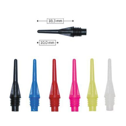 Starpoints_800 Das Bild zeigt verschiedene farbige Spitzen namens "Starpoints (1000er Pack) - Spitzen". Die Spitzen sind in den Farben Schwarz, Blau, Rot, Pink, Gelb und Weiß erhältlich und haben eine Länge von 18,3 mm und einen Durchmesser von 10,0 mm.