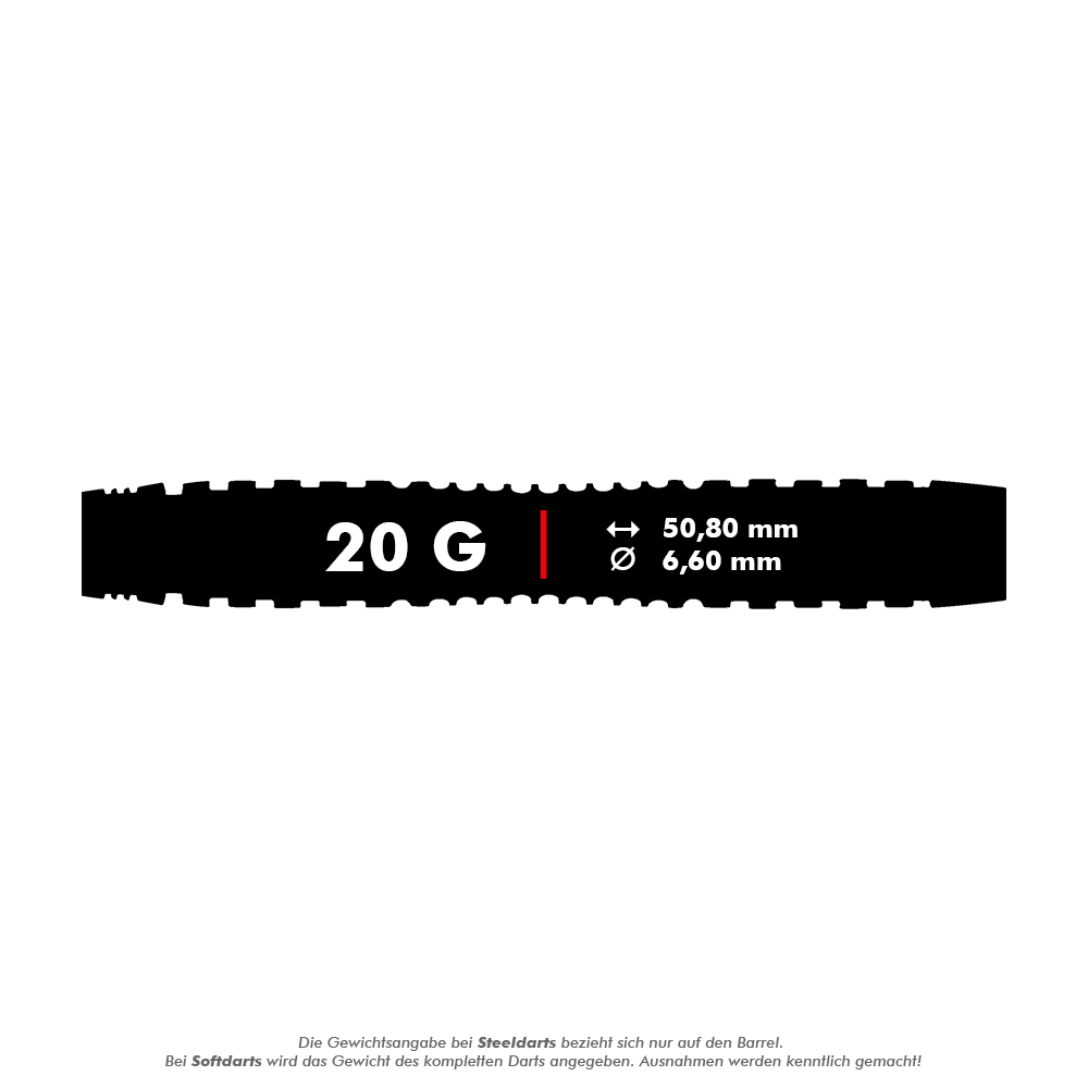 Dardos blandos Winmau Joe Cullen Rockstar Series RS1 - 20 g Das Bild zeigt die technischen Daten der Winmau Joe Cullen Rockstar Series RS1 Softdarts mit 20 Gramm Gewicht. Die Darts haben eine Länge von 50,80 mm und einen Durchmesser von 6,60 mm.