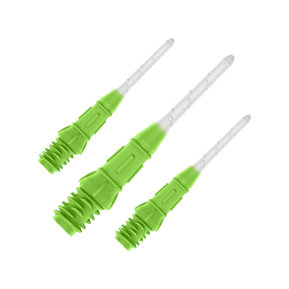 Labios de punta bicolor premium estilo L (paquete de 30) Das Bild zeigt drei grün-weiße Spitzen für Softdartpfeile. Die Spitzen haben eine geriffelte Struktur im unteren Bereich und verlaufen nach oben hin transparent.
