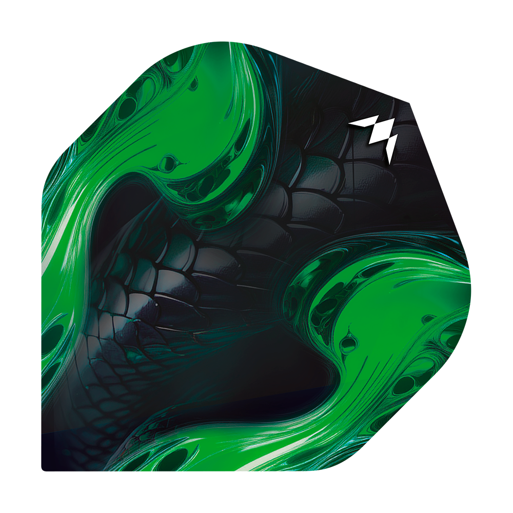 Misión Solo Venom No. 2 Vuelos Estándar Das Bild zeigt ein Dartflight mit schwarzem, schuppigem Muster und leuchtend grünen Akzenten. In der oberen rechten Ecke befindet sich ein weißes Logo.