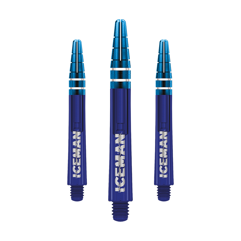 C812_Red_Dragon_Nitrotech_Gerwyn_Price_Blue_Shafts_48mm_1 Das Bild zeigt drei blaue Darts-Schäfte mit silbernen Akzenten. Auf jedem Schaft steht das Wort "ICEMAN" in weißen Buchstaben.