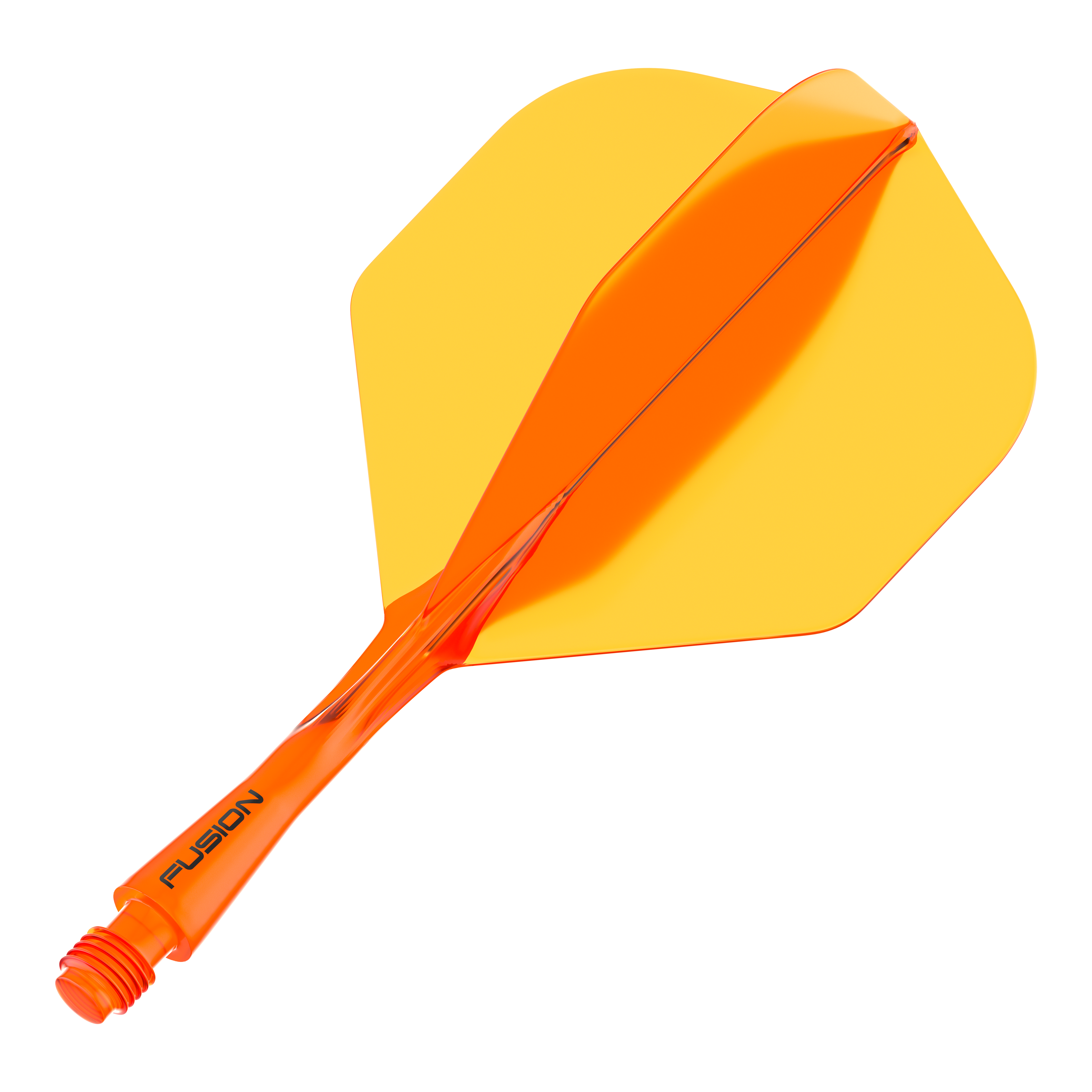 Sistema de eje de vuelo Winmau Fusion estándar naranja Das Bild zeigt eine orangefarbene Dart-Flight-Schaft-Kombination. Der Schaft ist transparent und die Flight-Flügel sind in leuchtendem Orange gehalten.