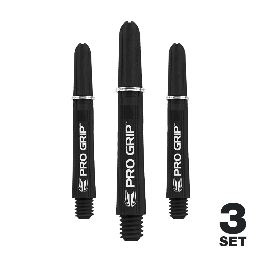 Varillas Target Pro Grip - 3 juegos - Color negro Das Bild zeigt drei schwarze Dart-Schäfte mit der Aufschrift "PRO GRIP". In der rechten unteren Ecke steht "3 SET".