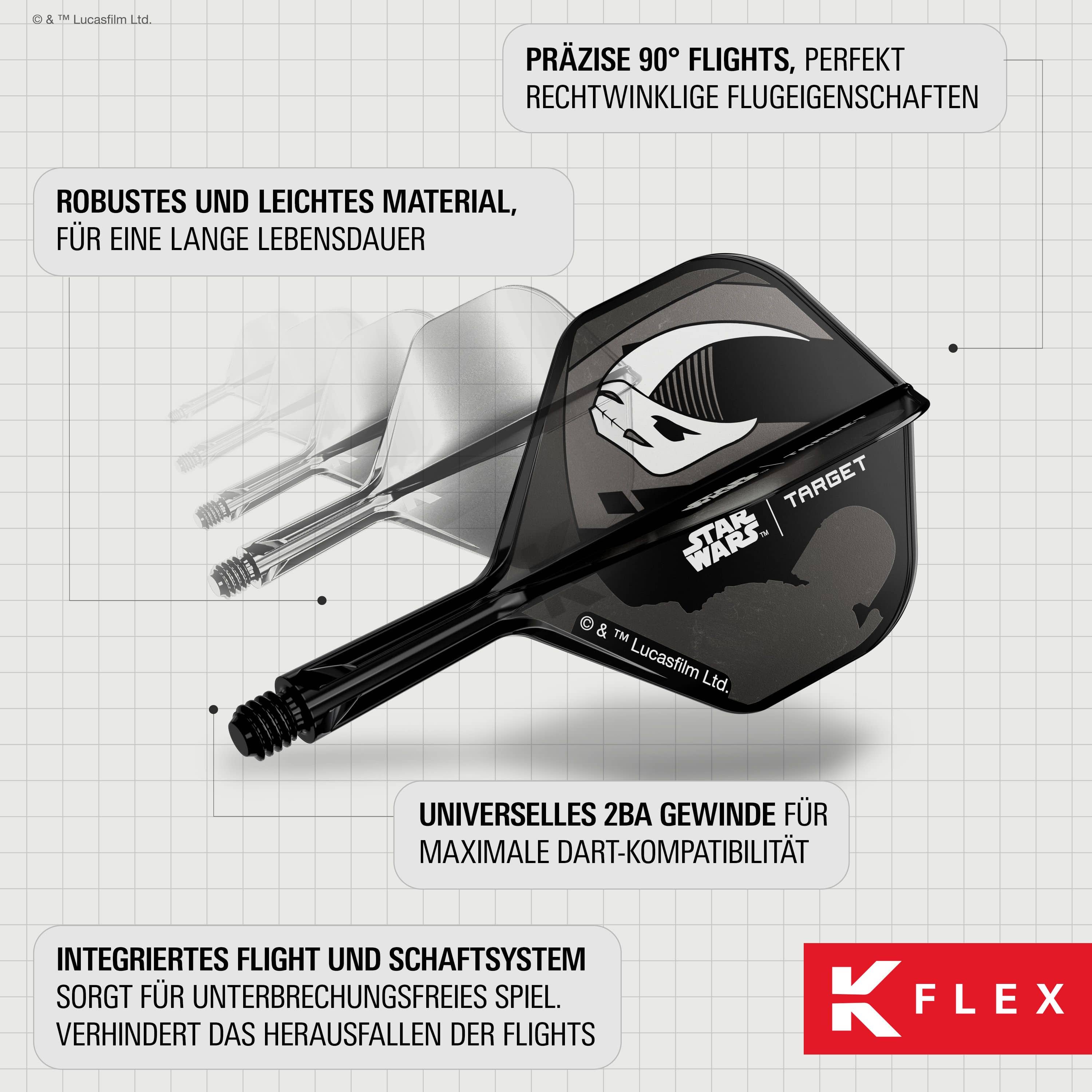 Set Target Star Wars K-Flex Mandalorian No6 Vuelos Abgebildet ist das Target Star Wars K-Flex-Set Mandalorian No2 Standard Flights. Die Flights sind im Mandalorian-Stil gestaltet und eignen sich für Star Wars Fans.