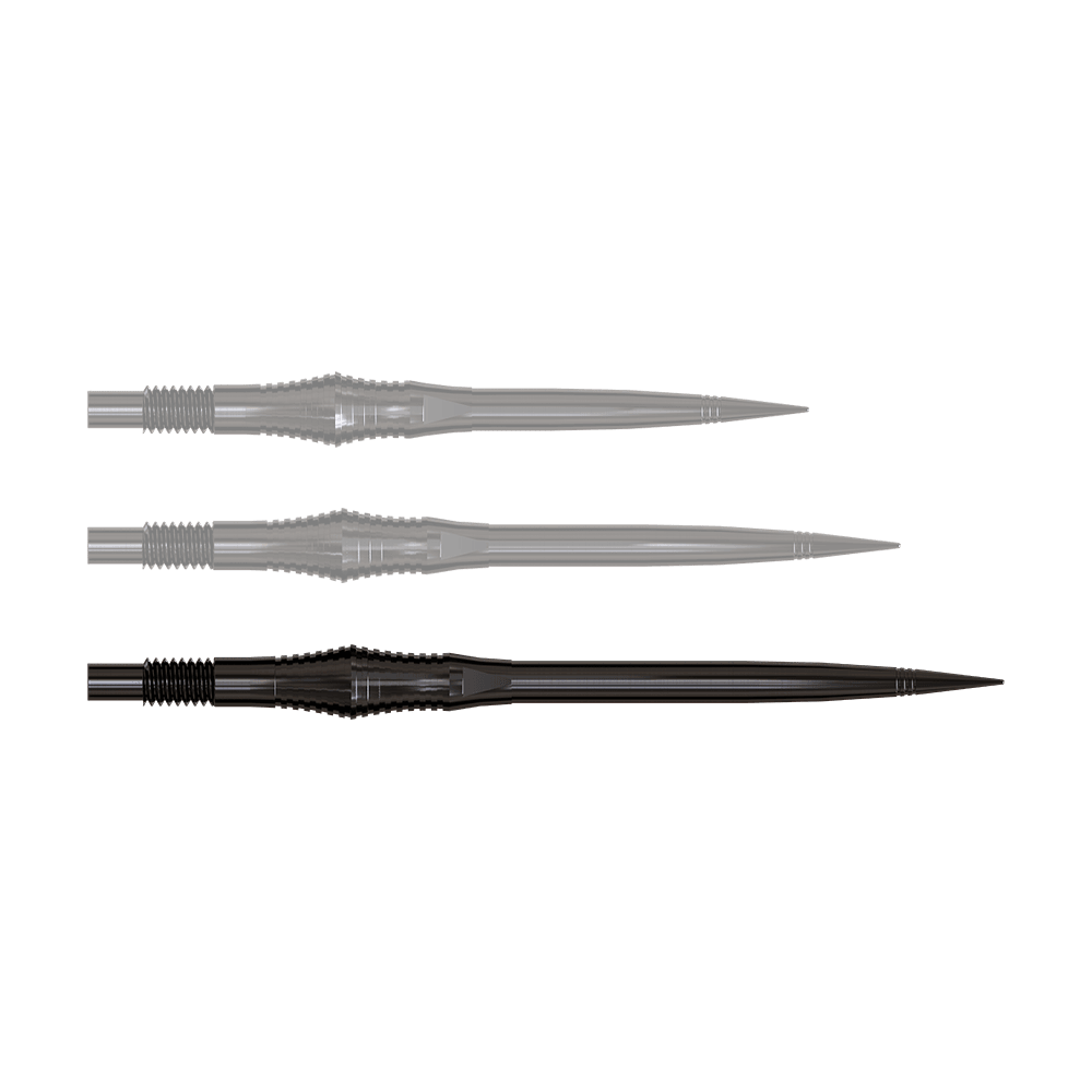 Harrows Quick Point Spire Elite Series Dartspitzen - Schwarz Dartspitzen der Spire Black Elite Serie in 40mm Länge werden gezeigt. Sie sind dunkel und lang.