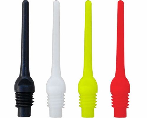 808_8155183a78724ee8 Das Bild zeigt vier verschiedenfarbige Ersatzspitzen für Darts, die in Schwarz, Weiß, Gelb und Rot abgebildet sind. Die Spitzen haben ein Schraubgewinde an einem Ende zur einfachen Befestigung.