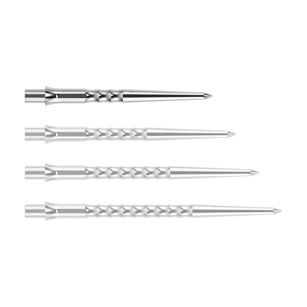 Puntas de dardos de acero Caliburn System - Ondulación - Sin labio - Plateadas Abgebildet ist eine silberne Steeldartspitze des Typs Ripple NoLip mit 28mm Länge. Die Spitze liegt frontal auf einer hellen Fläche.