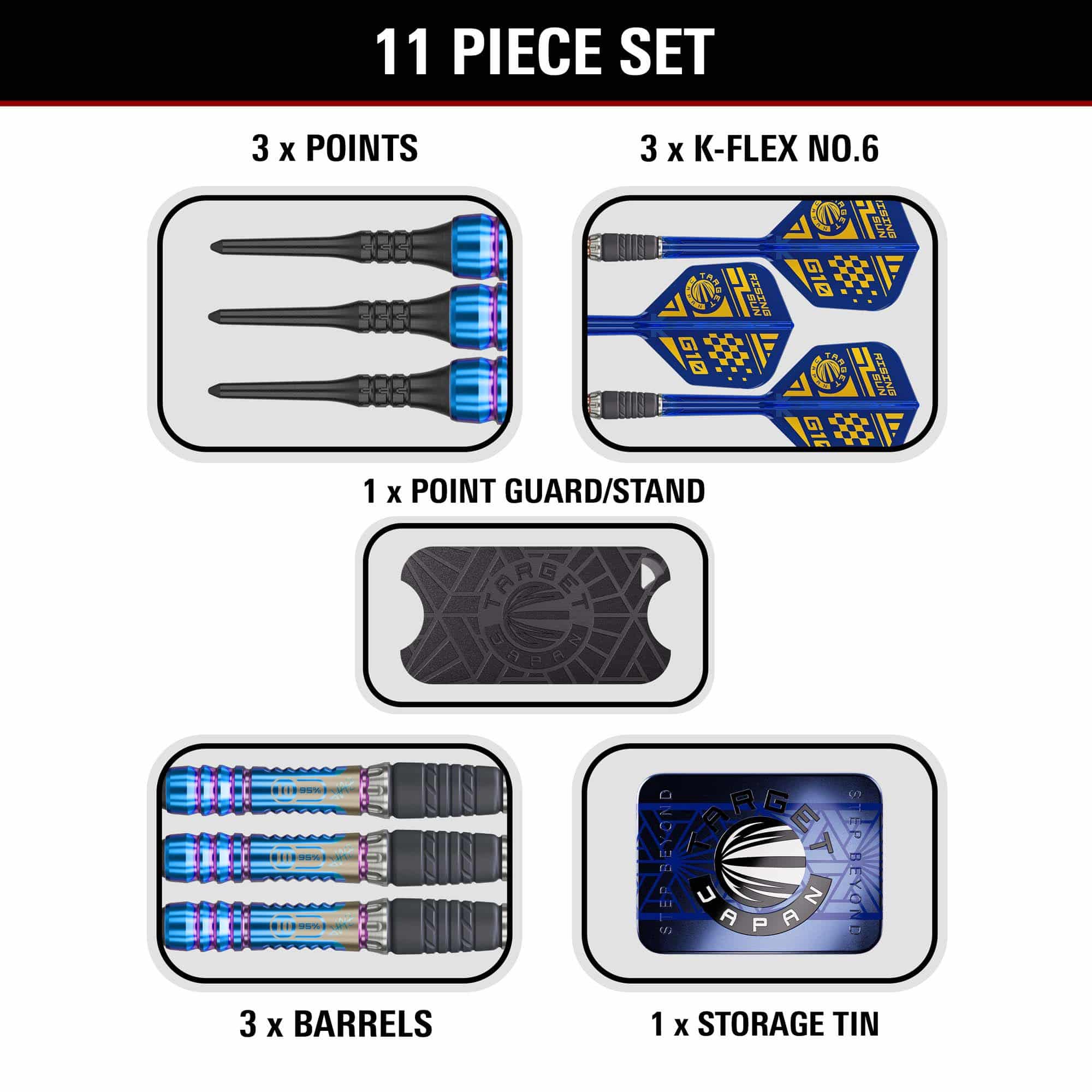 Dardos blandos Target Japan Rising Sun GEN10 - 21,5 g Das Produkt Target Japan Rising Sun GEN10 Softdarts - 21,5g wird dargestellt. Es handelt sich um ein Set professioneller Softdarts.