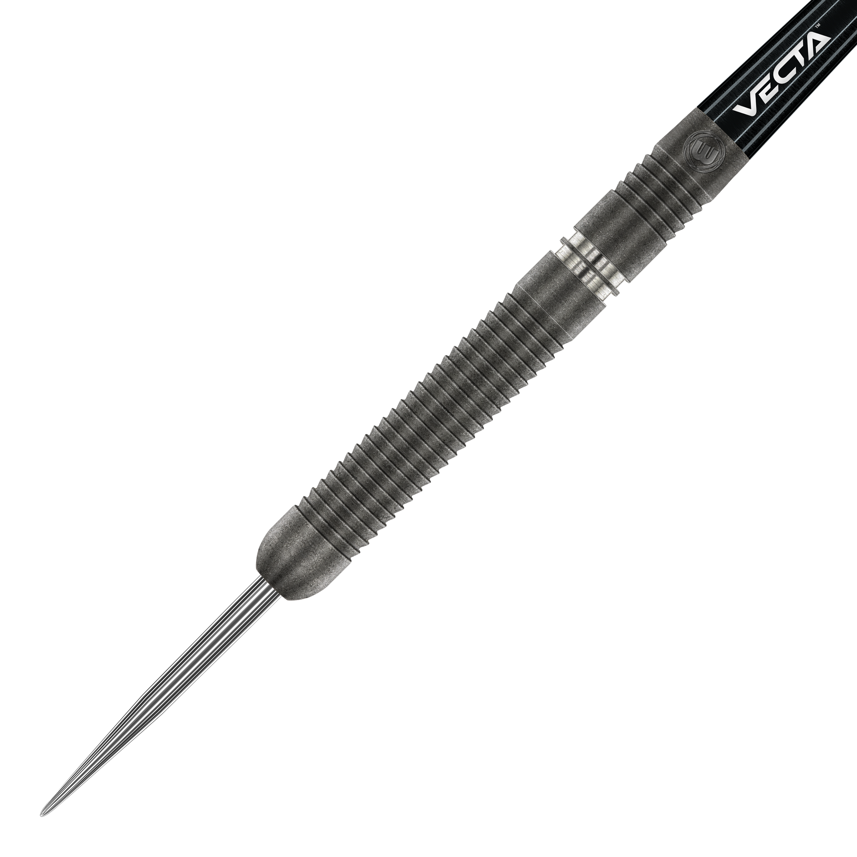 Dardos de acero Winmau Callisto 01 Das Bild zeigt einen Winmau Callisto 01 Steeldart. Der Dartpfeil hat einen geriffelten, metallischen Körper und eine spitze Stahlspitze.