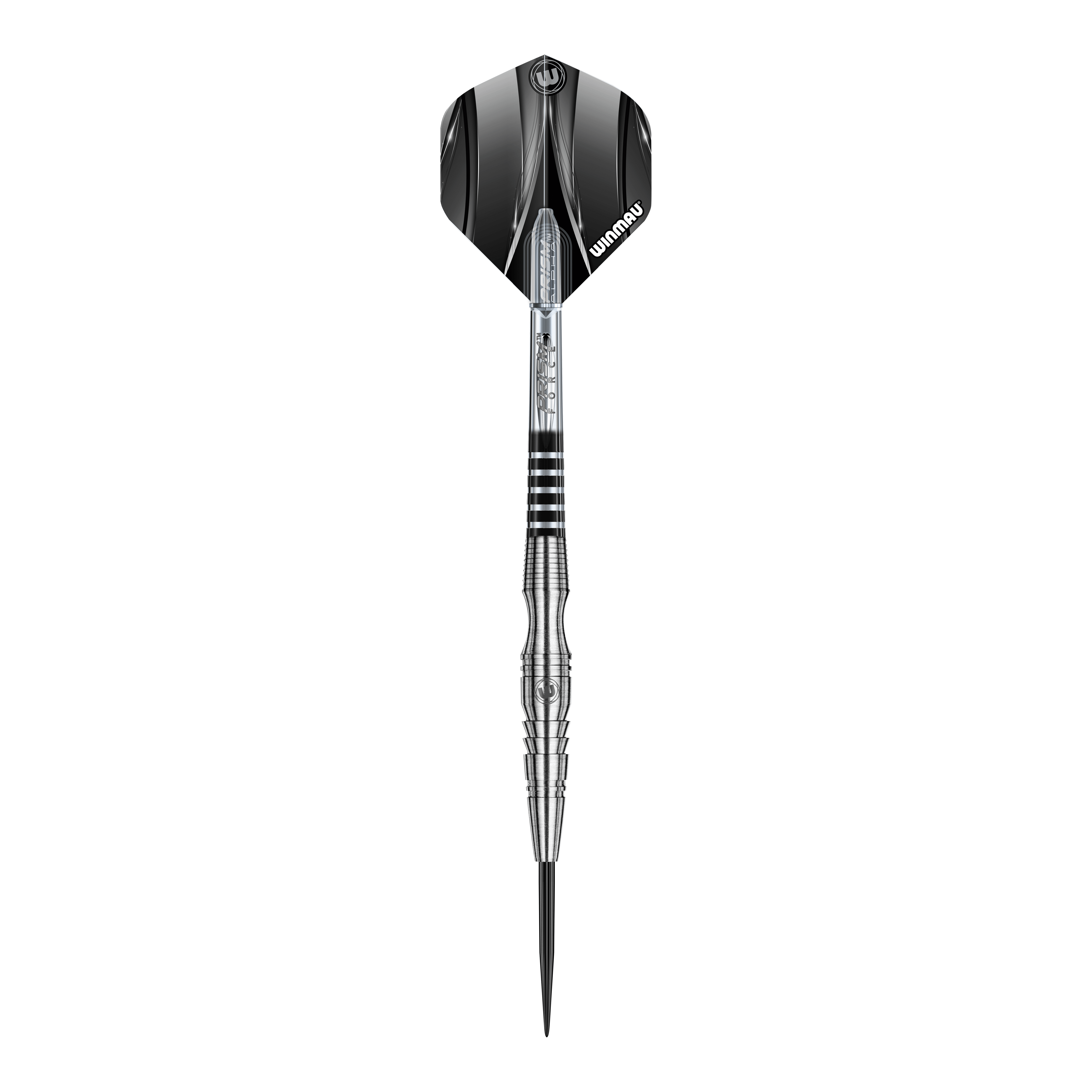 Dardos de acero Winmau Sniper V3 Das Bild zeigt einen Winmau Sniper V3 Steeldart. Der Dart hat ein silbernes, geriffeltes Barrel und schwarze Flights mit Winmau-Logo.