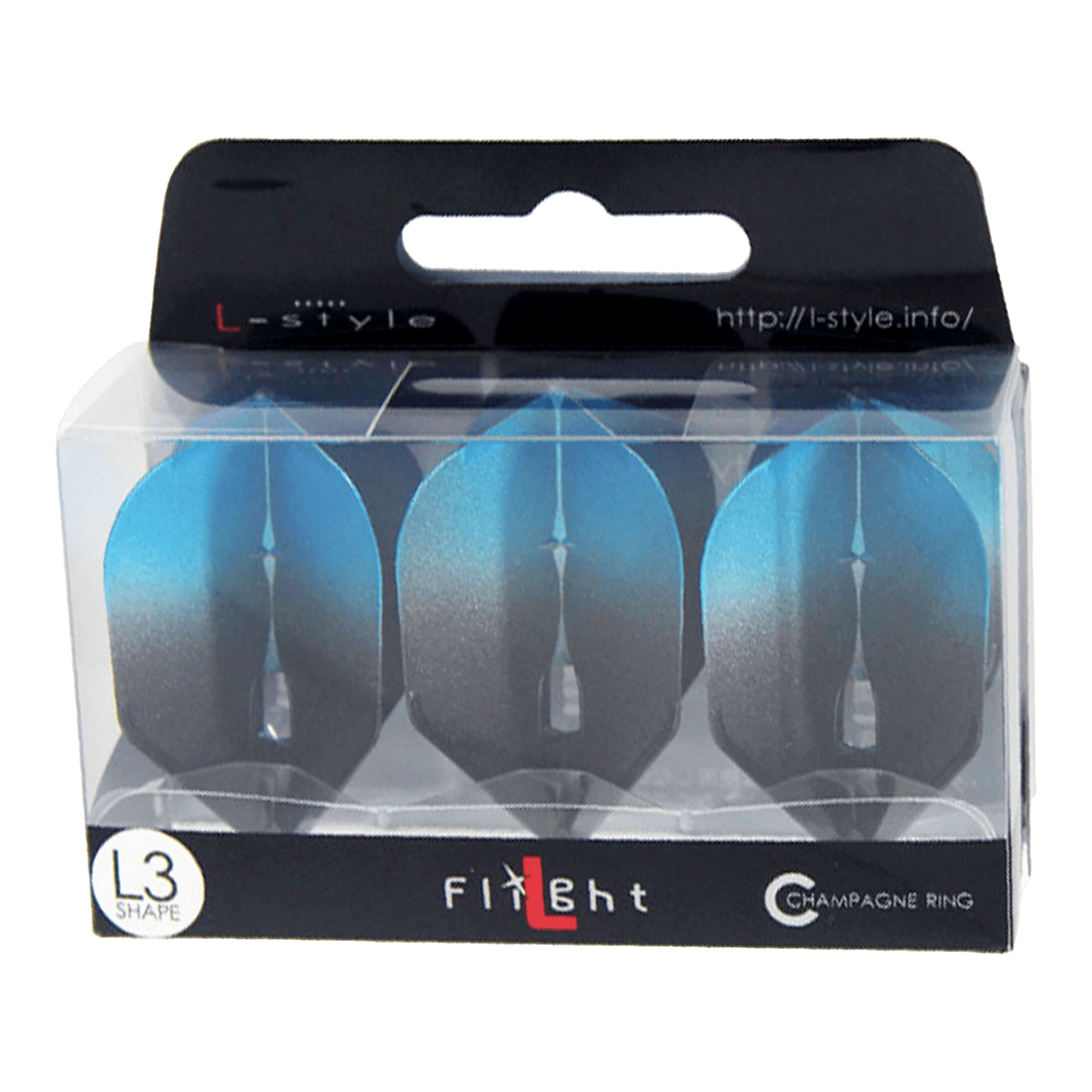 Vuelos L-Style Two Tone L3PRO Die Verpackung zeigt drei blaue Dartflights der Marke L-style. Auf der Schachtel steht "L3 Shape" und "Champagne Ring".