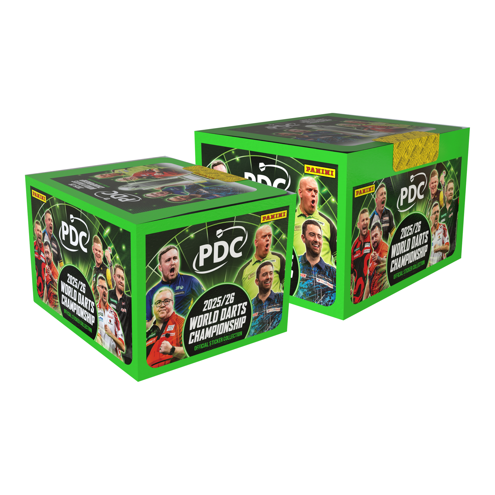 Das Bild stellt das Panini PDC World Darts Championship 2025/26 Hardcover Mega Bundle mit zwei Stickerboxen dar. Es bietet ein Hardcover-Sammelalbum und zwei Stickerboxen zum Sammeln.