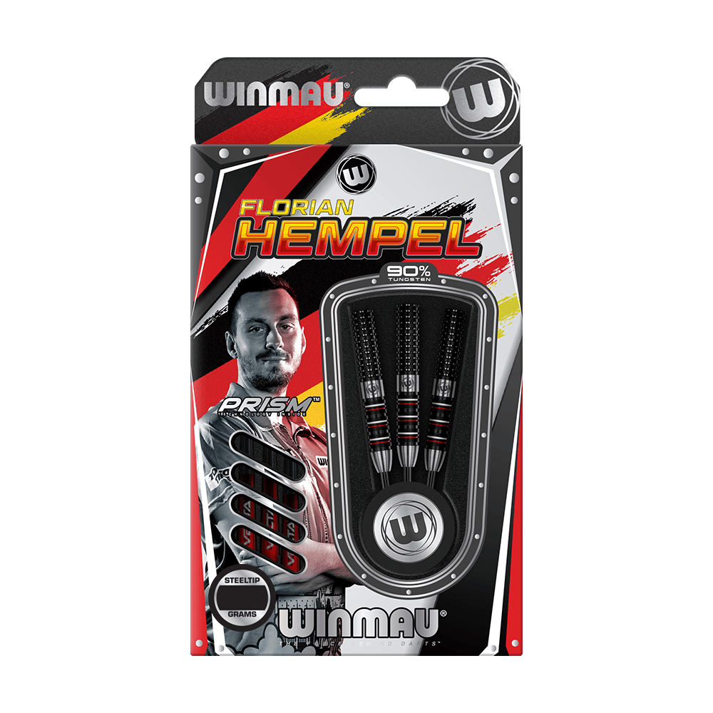 1491_Winmau_Florian_Hempel_Steeldarts_3 Auf dem Bild ist eine Verpackung der "Winmau Florian Hempel Steeldarts" zu sehen. Die Verpackung zeigt drei Steeldarts und ein Foto von Florian Hempel.