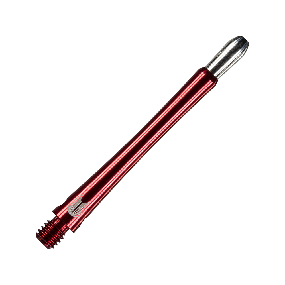 146240_Target_Grip_Style_Aluminium_Shafts_Rot_485mm_2 Das Bild zeigt einen roten Aluminium-Dartshaft im Grip-Stil. Das Produkt hat ein glänzendes Finish und ein silbernes Ende.