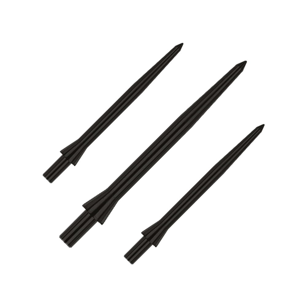 Puntas de dardos Red Dragon Raptor Plain Black de acero - 30 mm Das Bild zeigt drei schwarze Steeldartspitzen der Marke Red Dragon Raptor in 28 mm Länge. Die Spitzen sind schlicht und haben ein glattes Design.