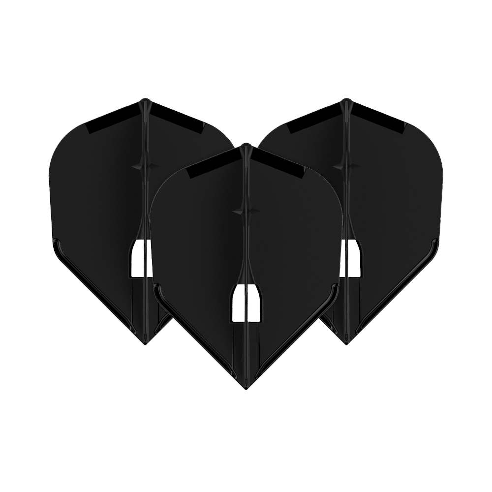 L-Style Flights Champagne - L3PRO Shape Auf dem Bild sind drei schwarze Dartflights zu sehen. Sie haben eine klassische, abgeflachte Form und stehen nebeneinander.