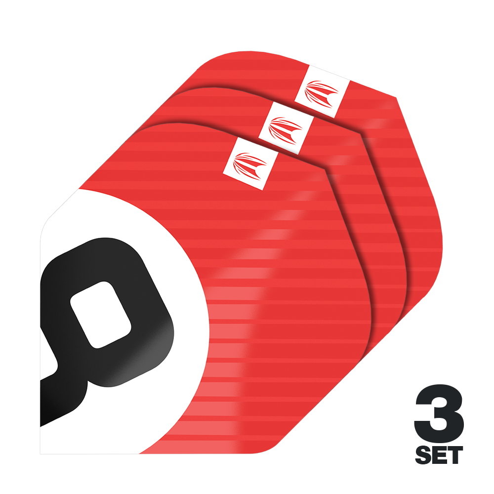 Plumas estándar Target Pro Ultra Chicane Red No2 - 3 juegos Das Bild zeigt drei Sätze der Target Pro Ultra Chicane Red No2 Standard Flights. Die Flights sind überwiegend rot mit einem weißen und schwarzen Design und werden als 3er-Set angeboten.