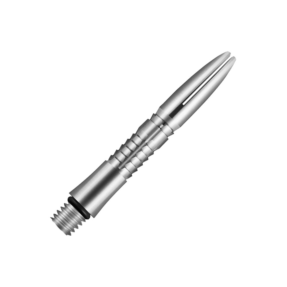 Flechas de titanio Shot Mako Das Bild zeigt eine silberne, metallische Dartspitze mit feinen Rillen und glatter Oberfläche. Sie besteht aus Titan und hat ein modernes, schlankes Design.