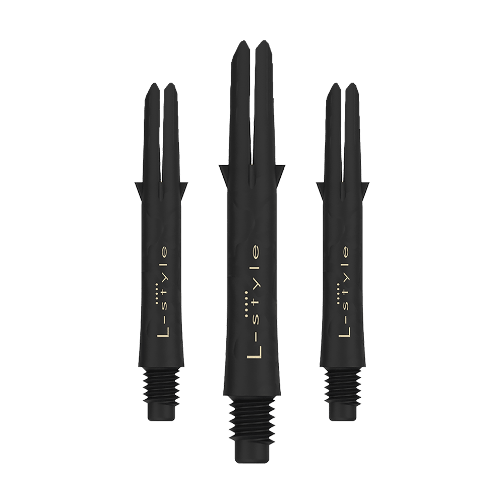 Ejes de carbono estilo L Das Bild zeigt drei schwarze L-Style Carbon Shafts für Darts ohne Kappen. Auf den Schäften steht in goldener Schrift das Wort "L-style".